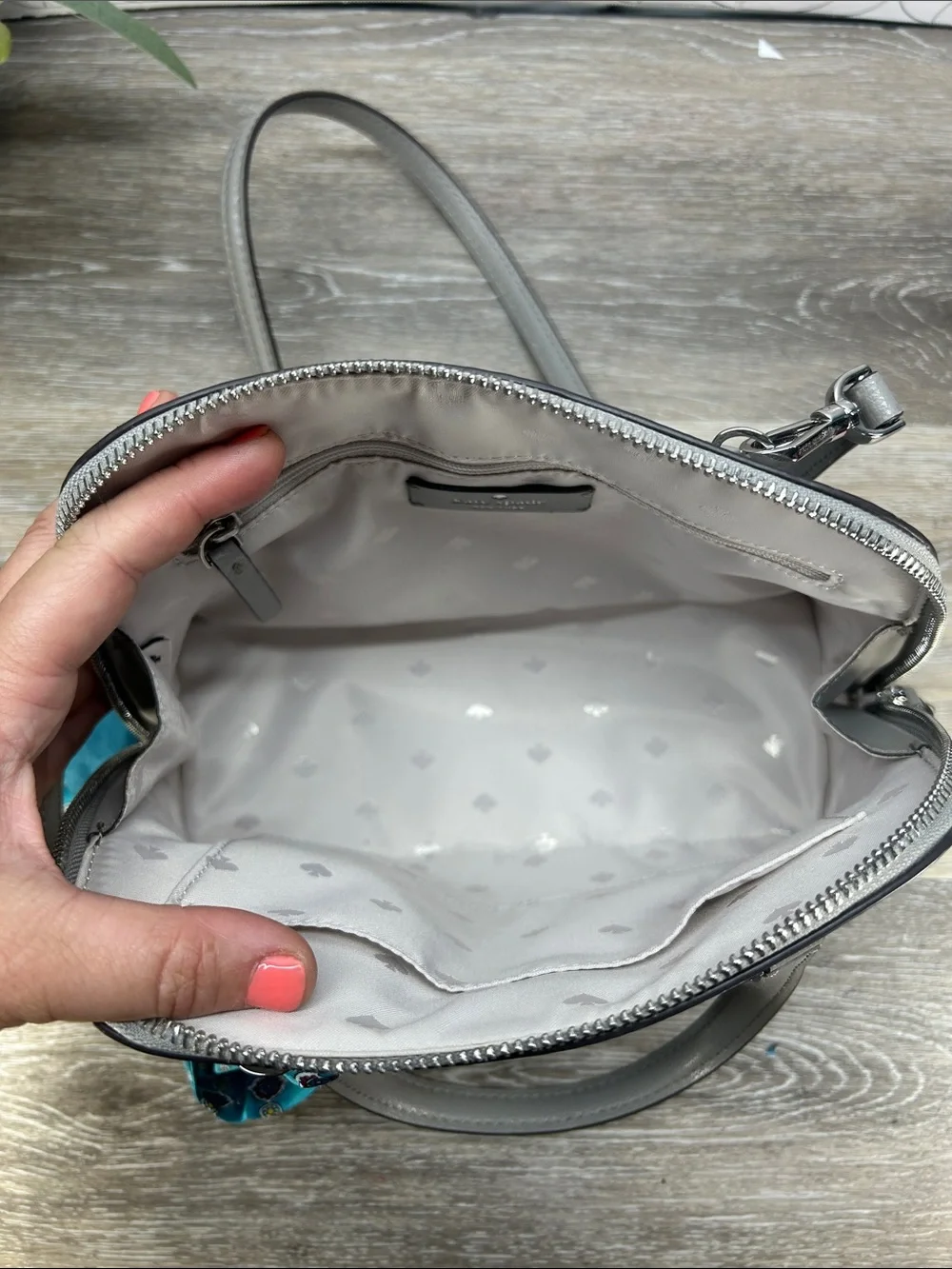 6359 kate spade gray dome satchel with teal patterned scarf 268506359